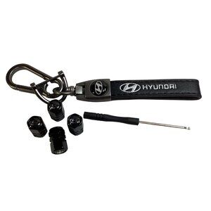 For Hyundai Black Premium Key Chain & 4 Black Premium Valve Stem Caps NEW